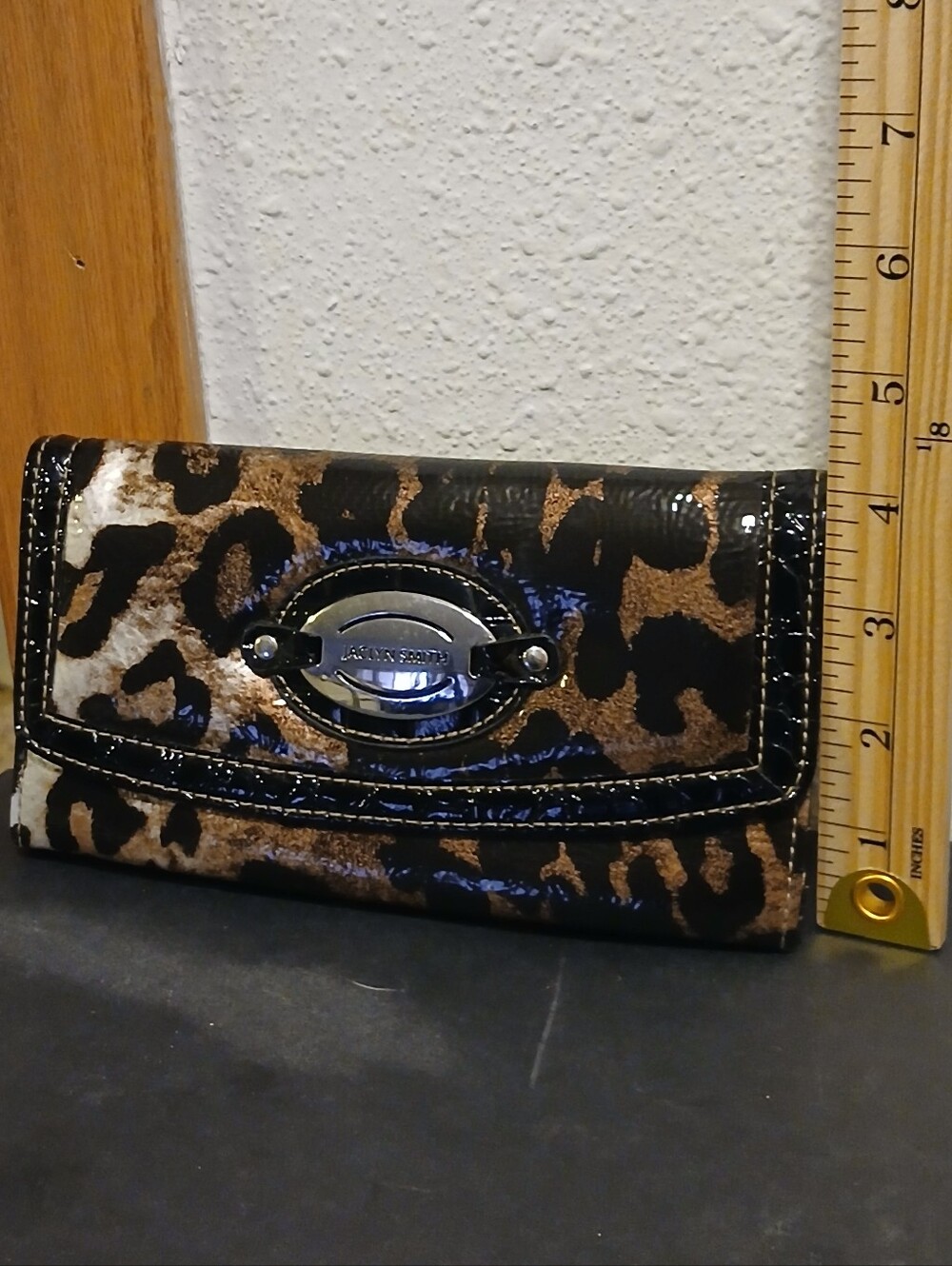 Jaclyn Smith Faux Patent Leather Animal Print Clutch Wallet Brown Black
